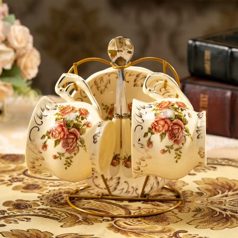 Tea Cups and Saucers Set of 2, Vintage Floral Porcelain Tea Cups with Holder- 8 oz