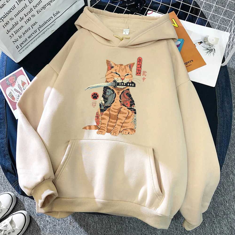 Japanese Cartoons Cat Ukiyo E Print Women Hoodie Hip Hop Face Pullovers Creativity Crewneck Clothing Face Loose Womens Hoodie XJ250717