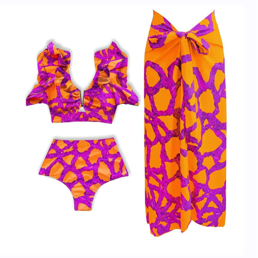 Sexy Printed Bikinis With Cover Up Women Swimwear 2025 Shoulder Ruffle Swimsuit Female V Neck Biquini Bathingsuit Beachwear