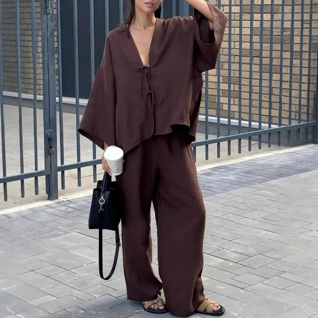Summer Cotton Matching Sets 3/4 Sleeve V-Neck Blouse Casual Trousers 2 Piece Sets Woman Fashion Street Suit Loose Outfits 250714