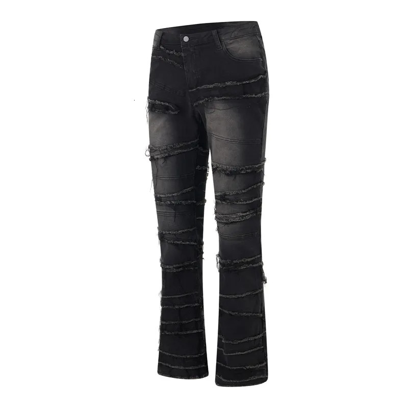 Mens Denim Pull-On Jeans Tiered Raw Trim Pockets Straight Leg Full Length Leisure Trousers Fashion Streetwear 250716