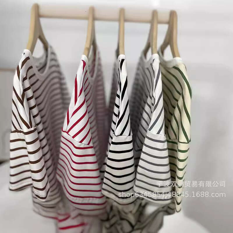Spring Summer Fashion Loose Cotton Striped T-Shirt For Women Casual Round Neck Long Sleeve Split Top Style B5