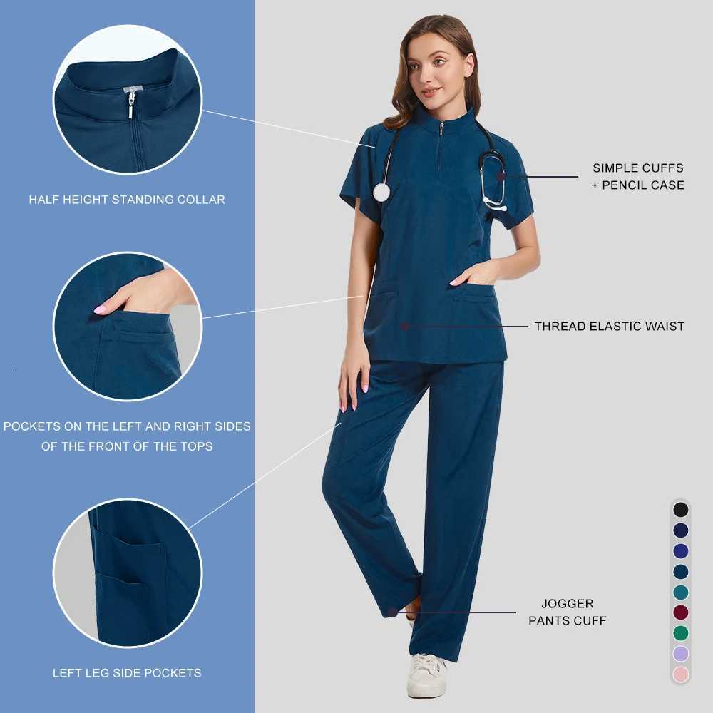 Spa Uniform Scrubs Women Breathable Soft Short Sleeved Top Joggers Pants Zipper Collar Beauty Salon Nail Technician Work Uniform Z250718