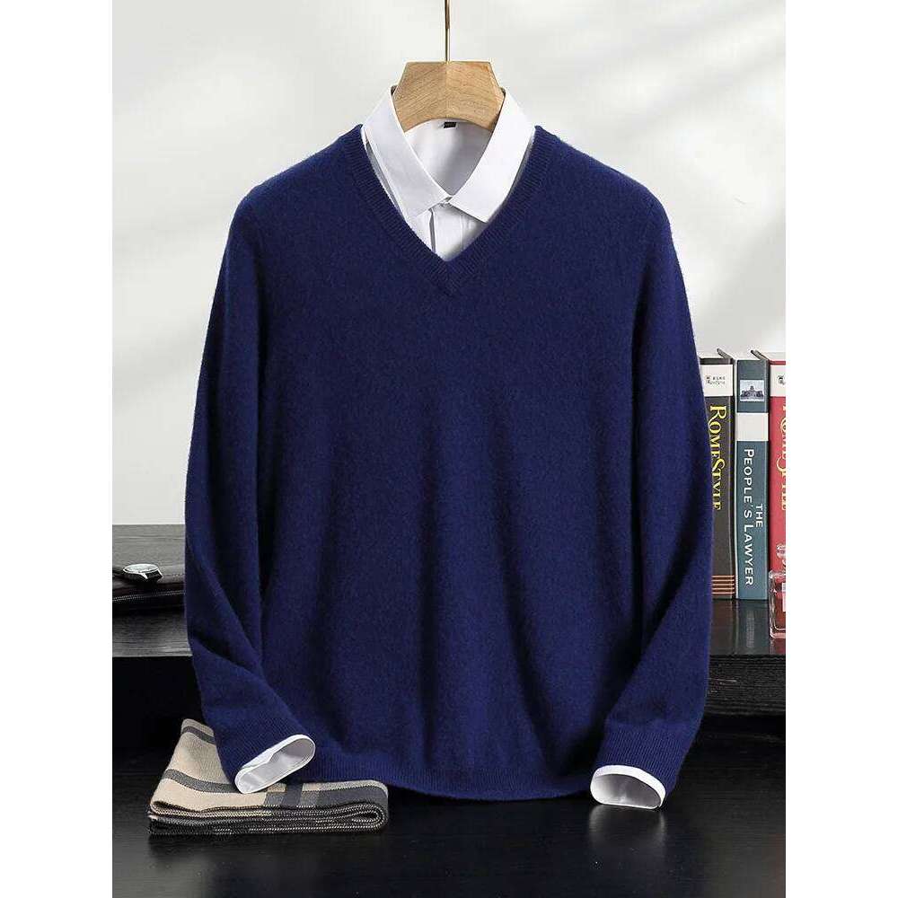 Aliselect Autumn Winter Men Sweater V-Neck Long Sleeve Pullover 100% Cashmere Knitwear Smart Casual Soft Comfort Jumper