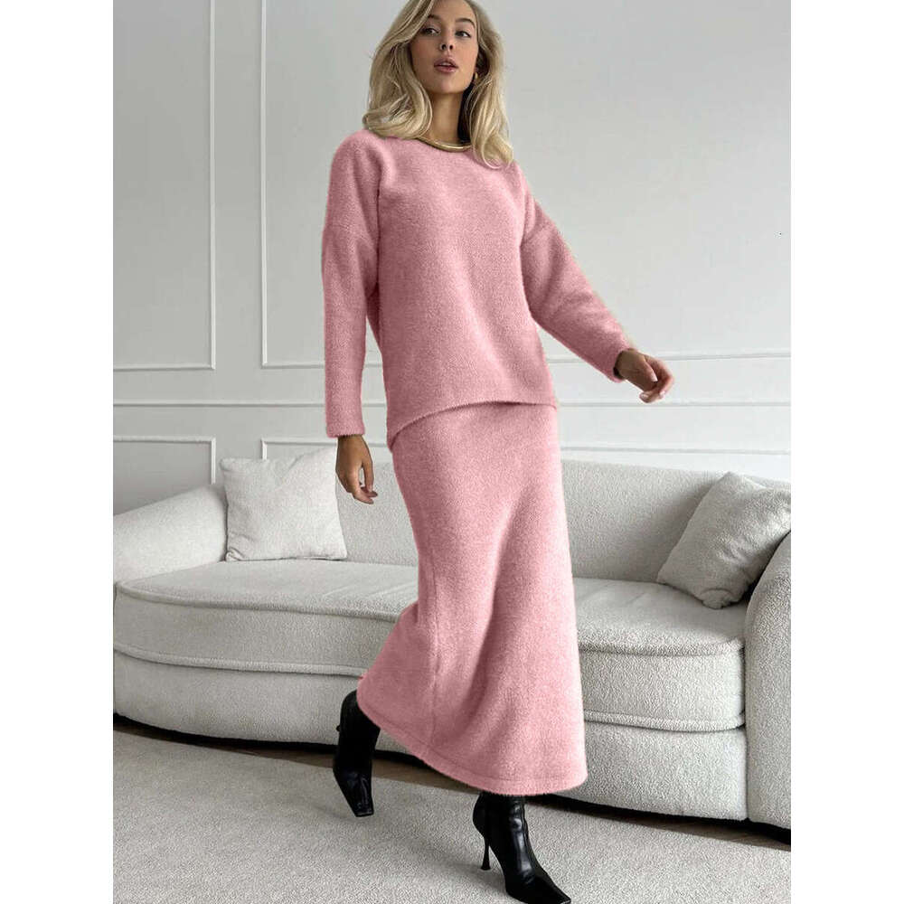 Autumn Winter Elegant Soft Thickened Round Neck Sweater Fishtail Two-Piece For Women OL Style Top + Skirt Set B5