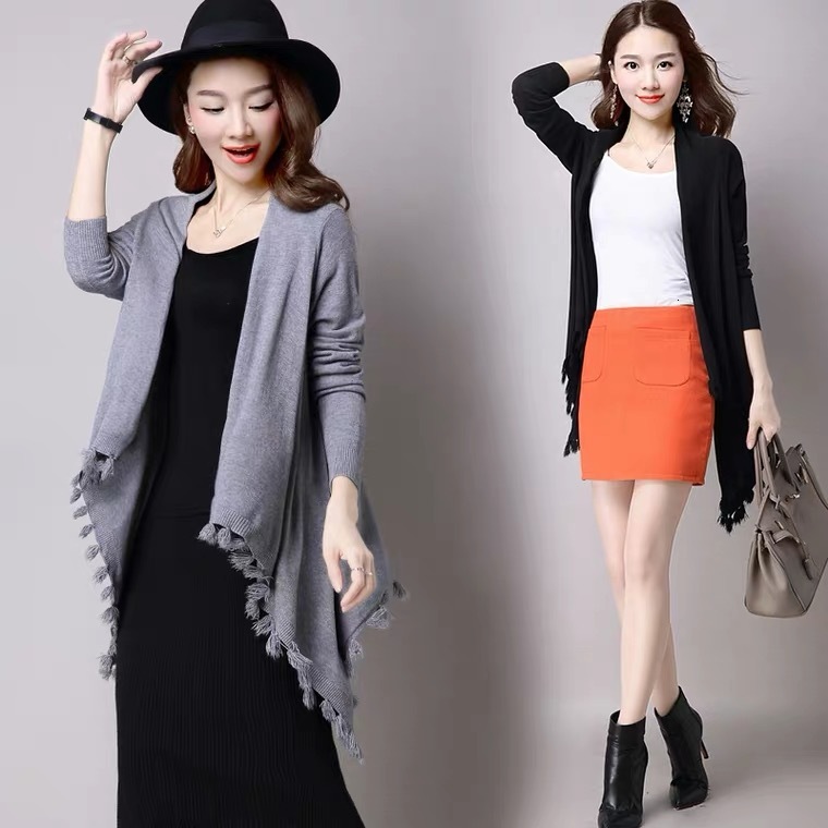 Trendy New Knitted Cardigan Women's Mid-Length Tassel Batwing Shirt Outerwear Shawl Cape Coat