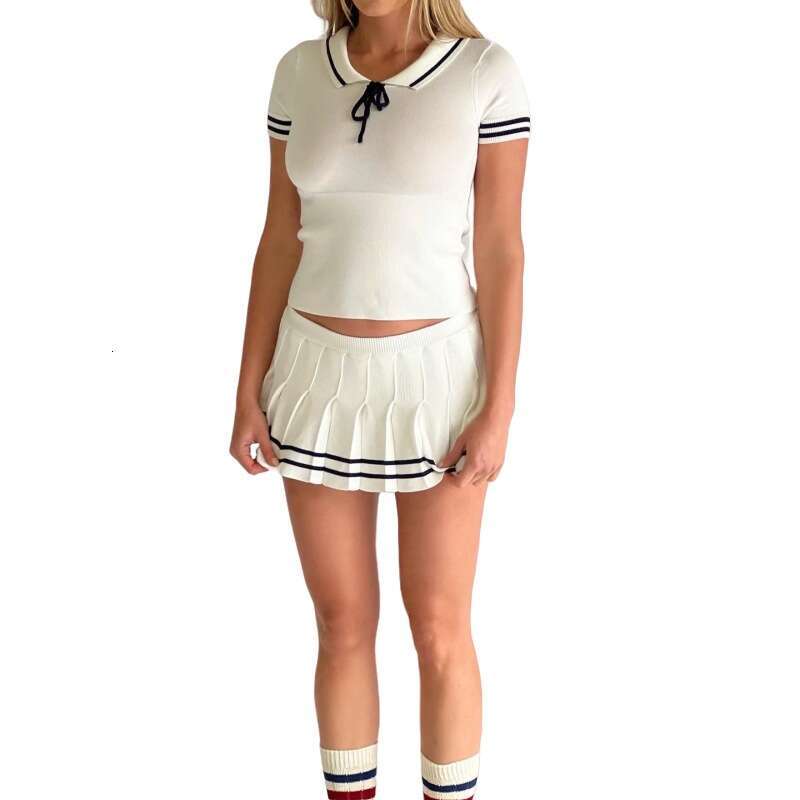 Summer New College Style Knitted Color Block Polo Collar Short Sleeve T-Shirt Pleated Mini Skirt Set B5