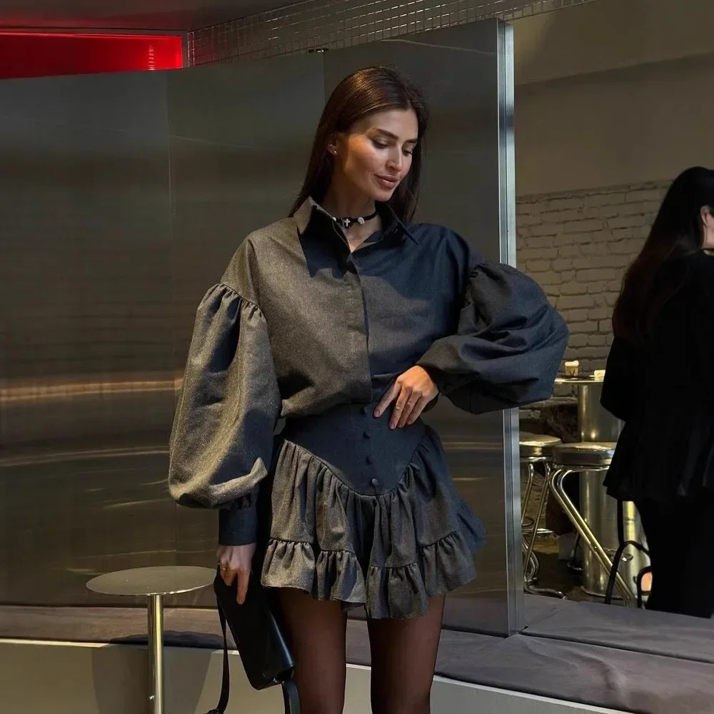 2025 Elegantsuit Womens Clothing Set High-End Feel Spring Plaid Sensibility Ruffle Edge Mini Dress 2-Piece Wholesale 250715