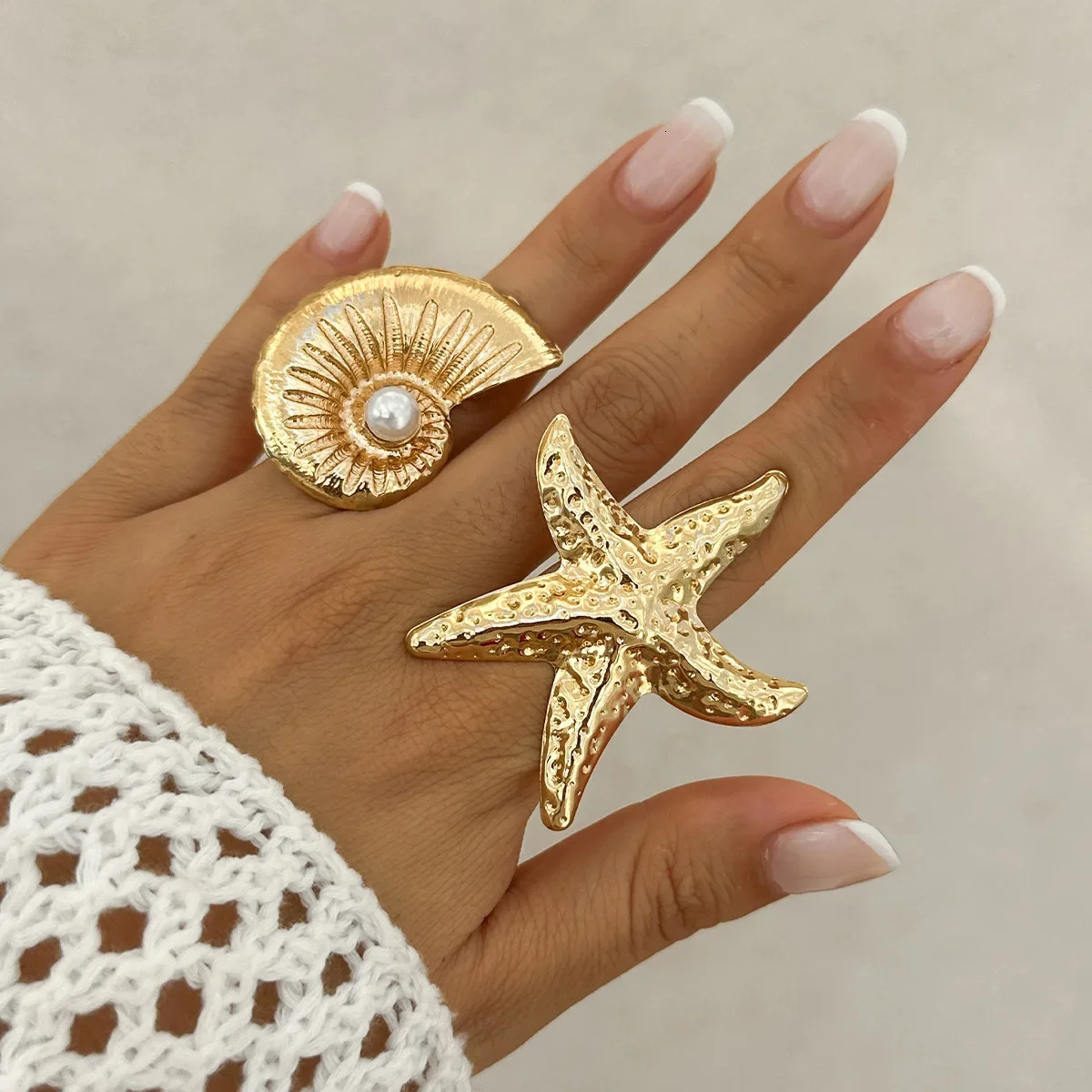 Vintage Metal Big Starfish Conch Rings For women Summer Beach Adjustable Holiday Party Exaggerated Jewelry for Women 250716