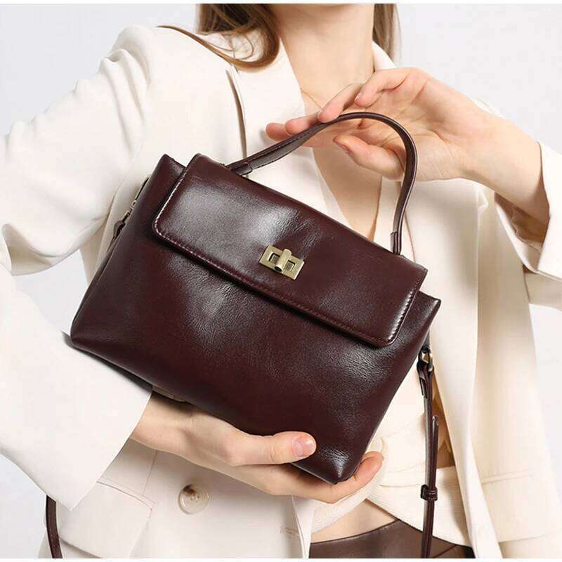 Women's Genuine Messenger Tote Soft Leather Small Square Bag Fashion Metal Buckle Ladies Natural Cowhide Handbag
