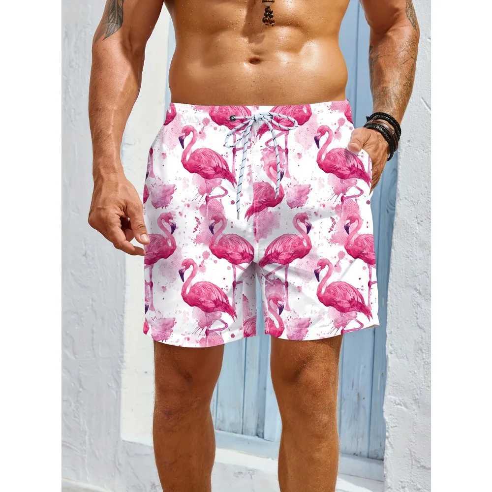 Mens Casual Beach Shorts - Quick-Dry Drawstring Waist with Pockets Flamingo Print Summer Vacations Outdoor Activities W250718