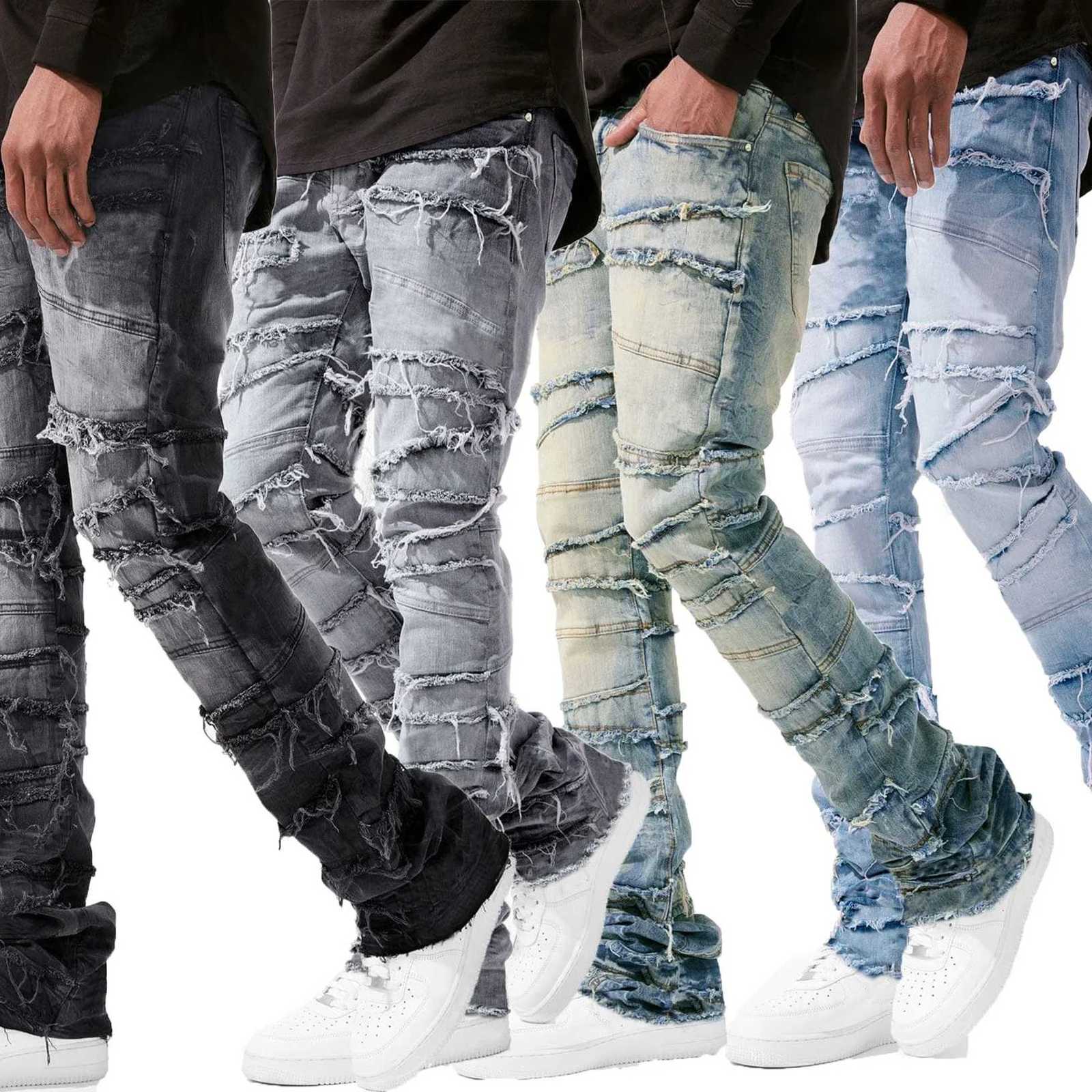 2025 New Stacked Jeans Men Patchworks Spliced Denim Ripped Wash Frayed Pants Mens Streetwear Mens Tassel Motorcycle Jeans X2507181