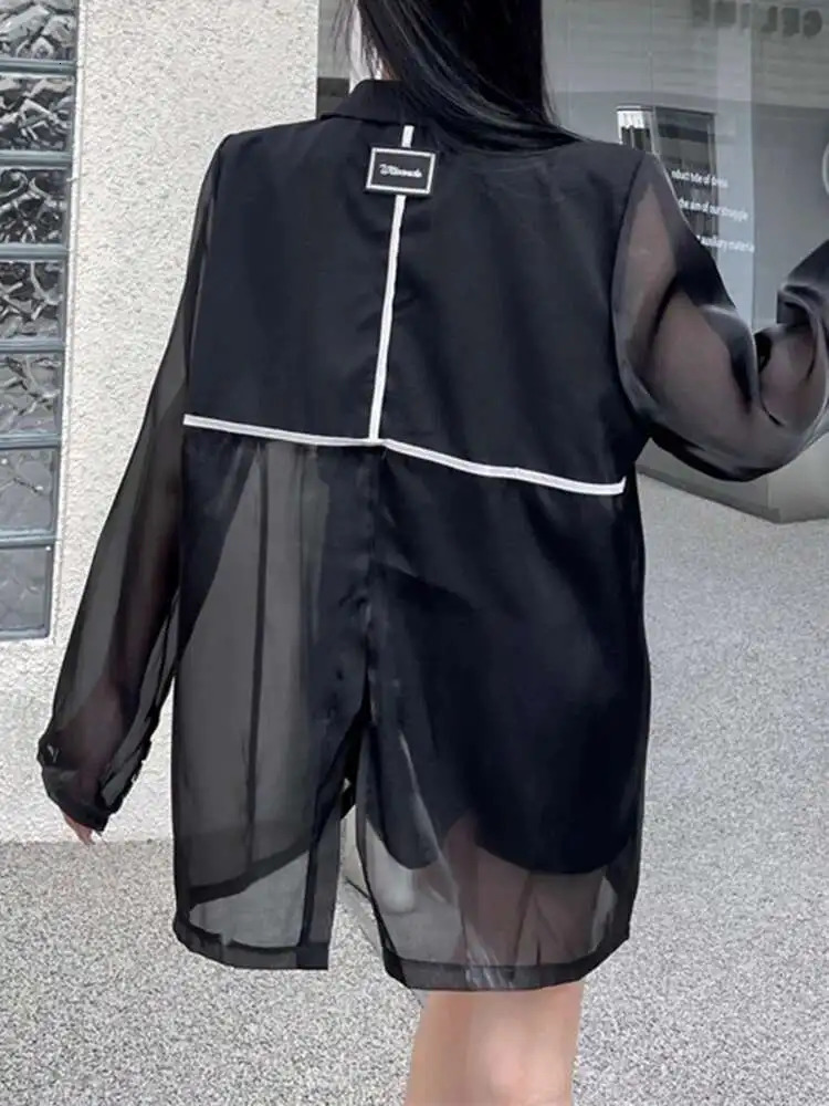 30A3464 EAM Women Black Gauze Spliced Big Size Sunscreen Blazer Lapel Long Sleeve Jacket Fashion Spring Summer 250703