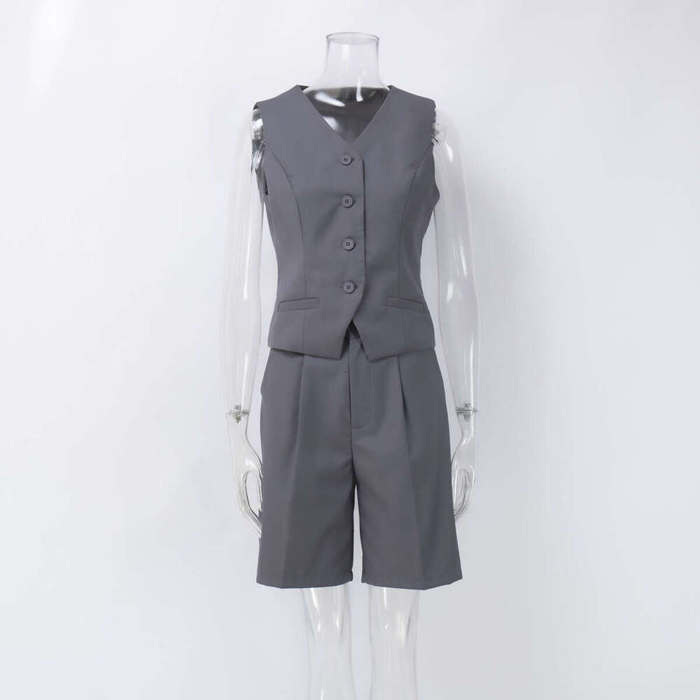Vest And Spring Summer V-Neck Single-Breasted Waistcoat + Straight-Leg Suit Shorts Set B5