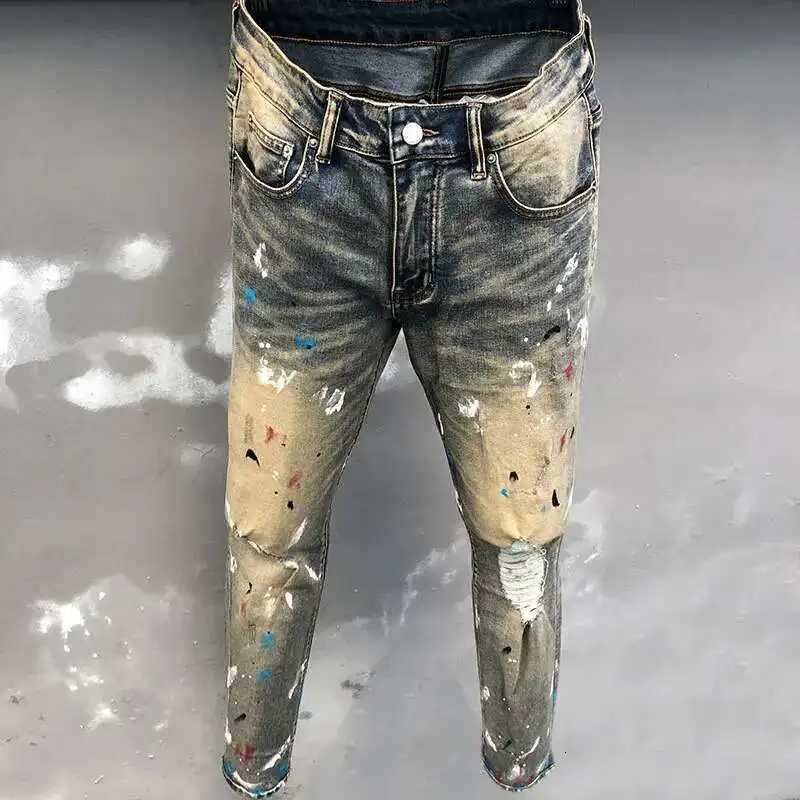 Old Wash Water Stretch Jean Skinny Tapered Trouser New Retro Splash Ink Jean Hombre Patch Biker Streetwear Ripped Denim Pants X250718