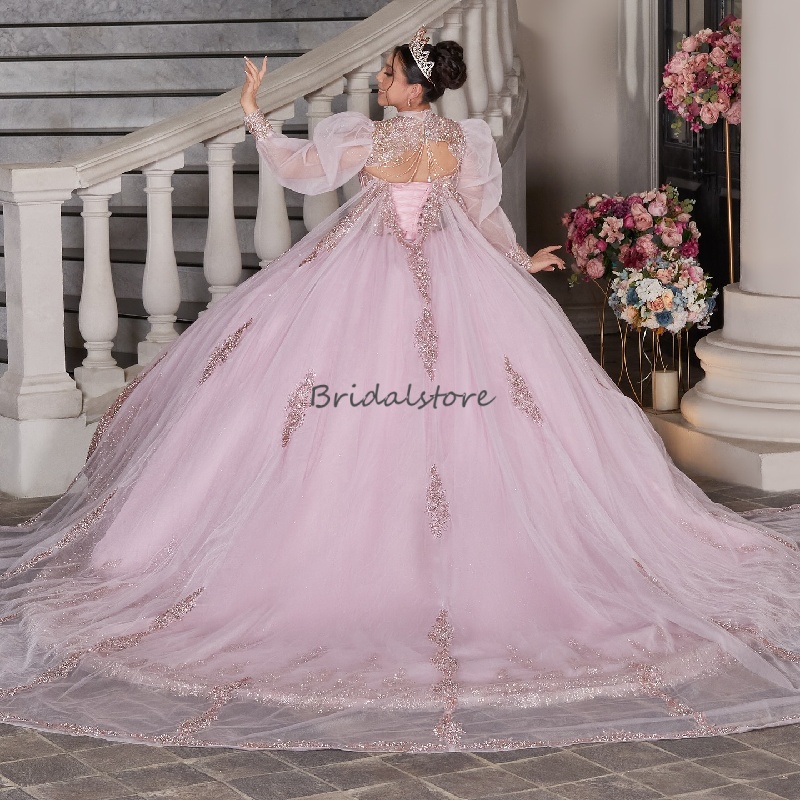 Luxury Pink Vestidos De 15 Quinceanera Long Sleeve Crystal Beaded Tulle Sweet 16 Dress Fifteen Birthday Vestidos De Xv Anos 2025 Formal Occasion Princ
