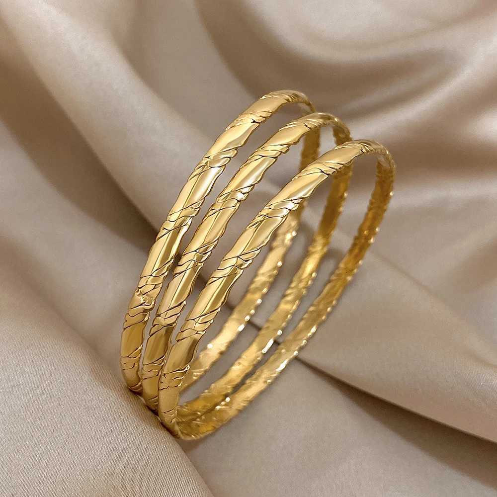 3pcs Gold Plated Twist Stainless Steel Bangle Bracelet for Women Tibetan Buddha Stacked Wristband Bracelets Waterproof Jewelry X250718