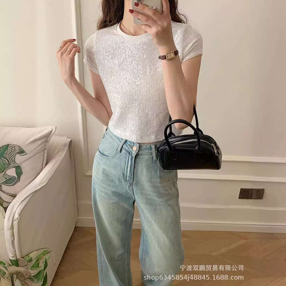 Summer New Sequin Short Sleeve Ins Style Mesh Top Women's Macaron Color B5