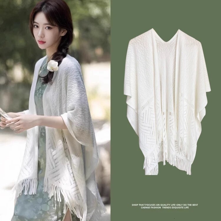 New Fashion Tassel Cape Cardigan Air-conditioned Room Office Hollow Knitted Shawl Women White Cheongsam Outerwear