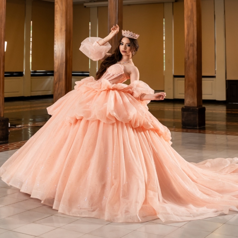 Pink Quinceanera Dresses Ball Gown Off The Shoulder Applique Beads Tiered Tull Corset Party Birthday Sweet 16 Dress Vestidos 15 Anos