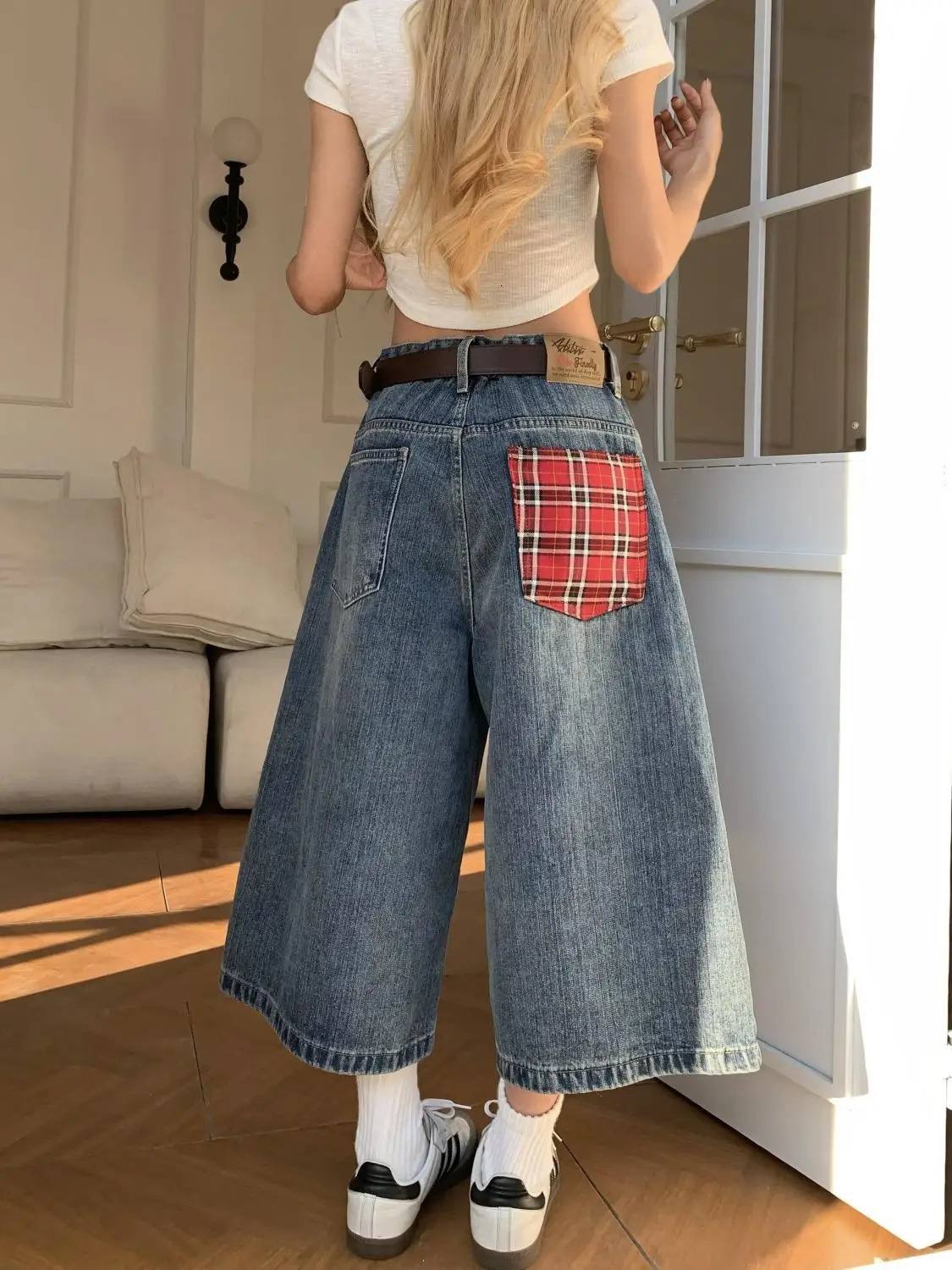 American retro plaid pocket wideleg short jeans for women loose and casual straight high waist slimming men pants 250714