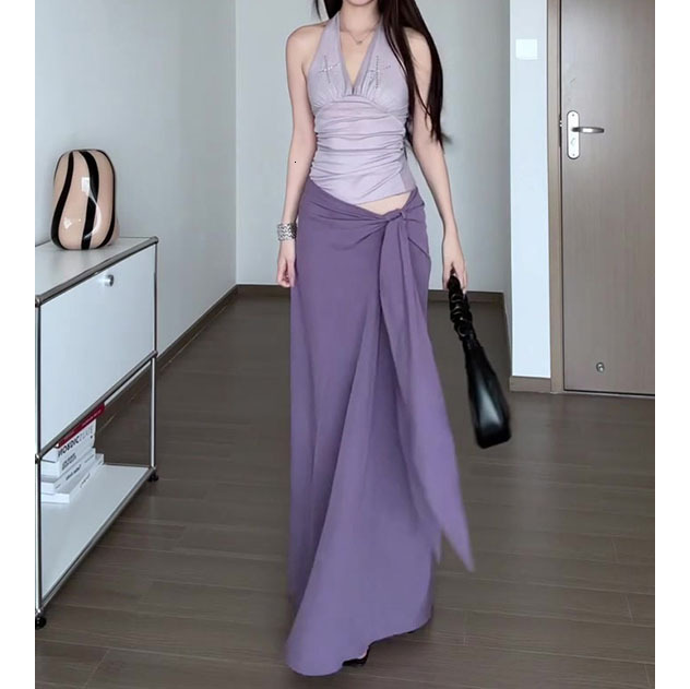 Sexy Hot Girl Style Purple Halter Neck Backless Camisole Top Women Summer New Low Waist Tie Hip-hugging Long Skirt Set