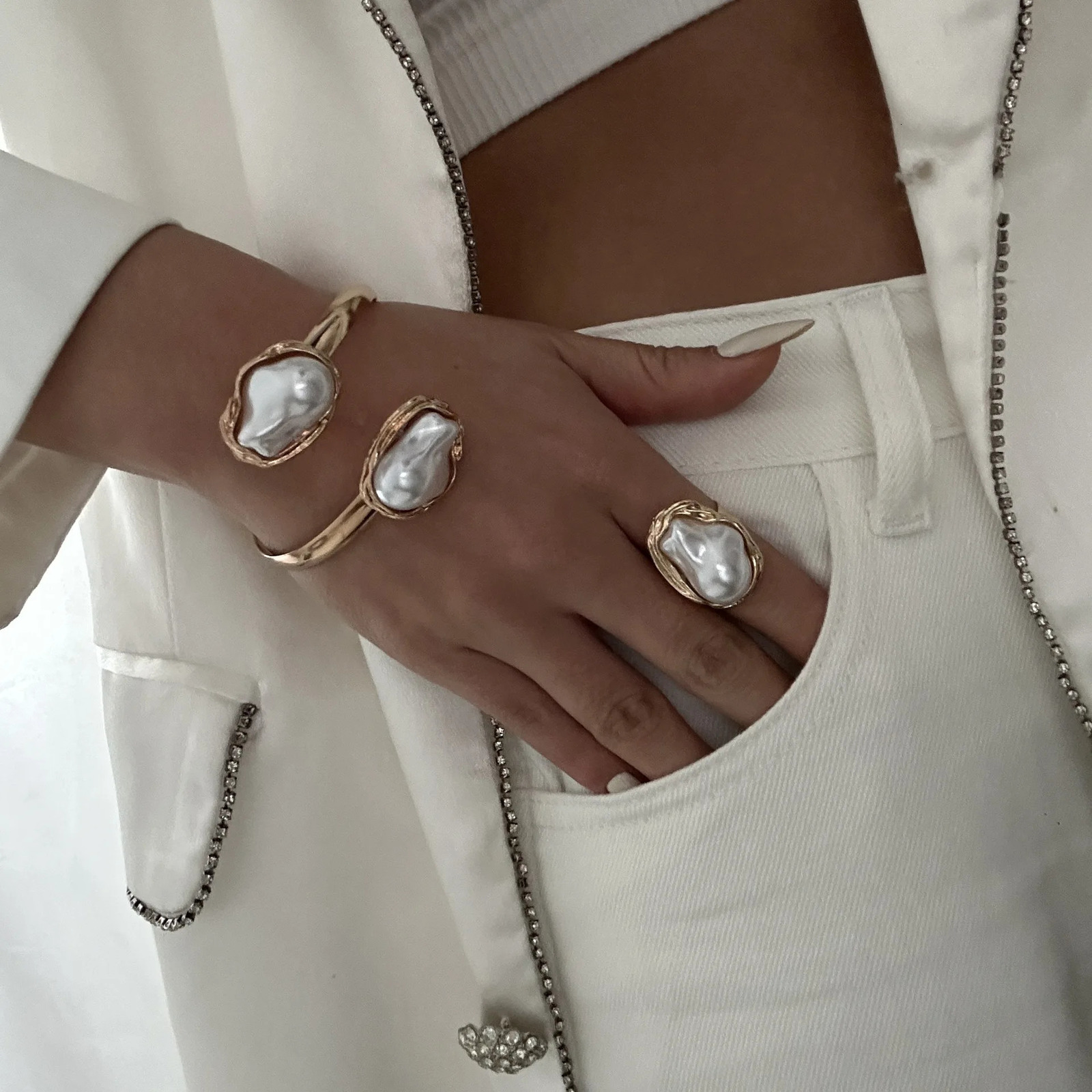 DIEZI French Style Baroque Pearl Torque Necklace Bangle Ring Set For Women Punk Gold Silver Color Clavicle Jewelry Set 250715