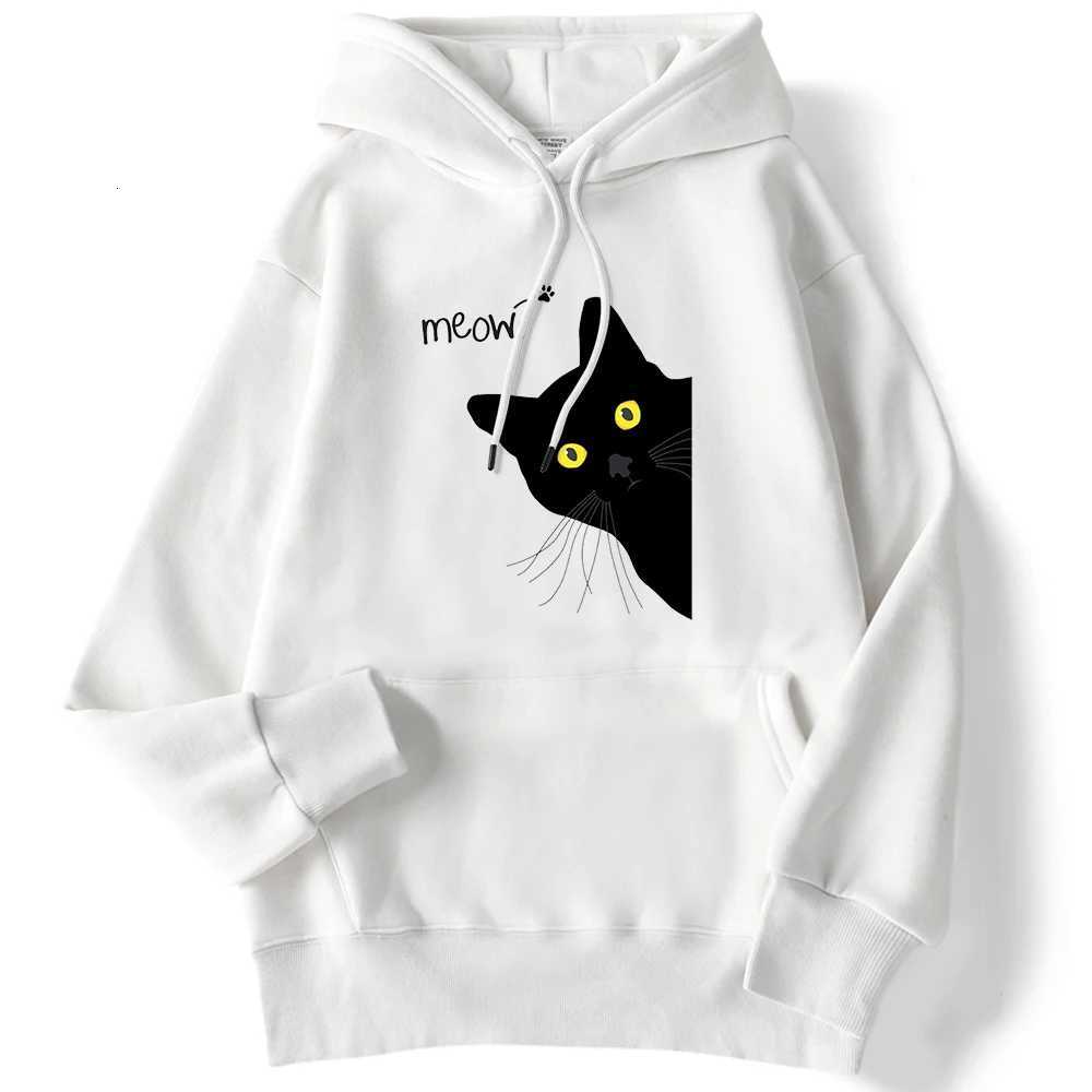 Winter Women Hoodies Meow Black Cat Printed Pullover Pocket Drop Sweatshirt Breathable Loose Sweatshirts Cute Ladies Clothes XJ250717