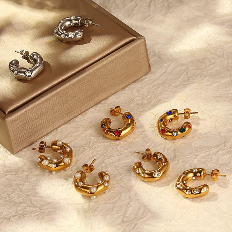 Trendy Gold Color Crystal Stainless Steel Round Earrings For Women Pearl Metal Earring Party Everyday Jewelry 250717