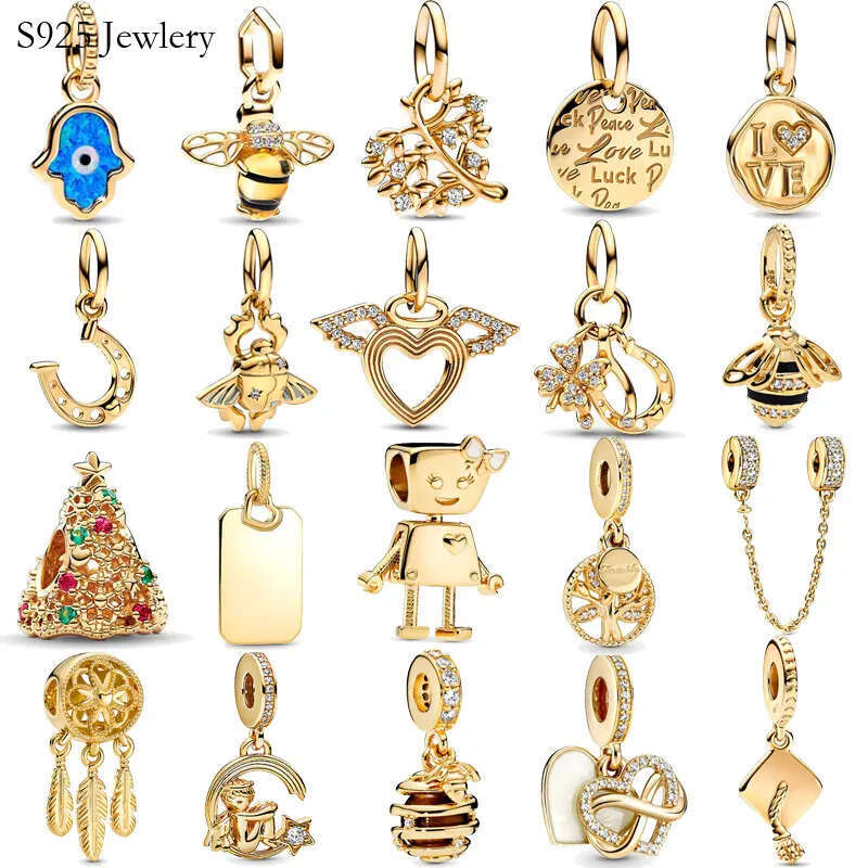 S925 2023 New 14k Gold Plated Bee Blue Eye Charm Silver Bead Fit Original Bracelet Bangle Women Jewelry Gift DIY