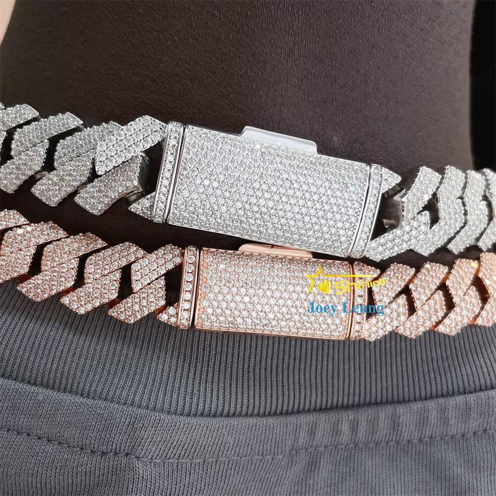 Rappers Jewelry Gold Plated 925 Silver 3 Rows 14MM 15MM 18MM 20MM Moissanite Diamond Iced Out Cuban Link Chain Hip Hop Necklace