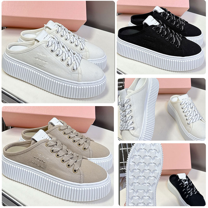 Denim sneaker mules designer casual shoes womens spring summer sneakers anti slip wear resistant rubber sole with embroidered sign on the side platform mules