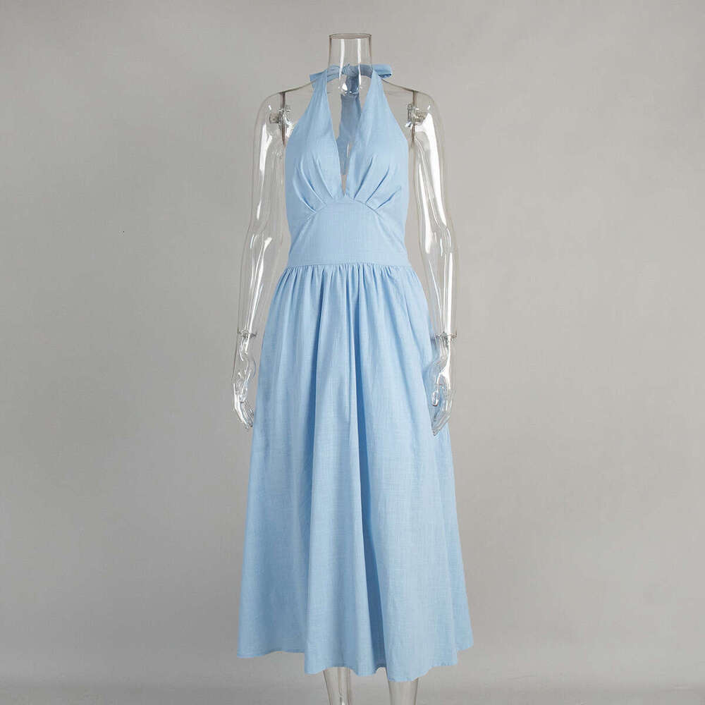 Pure Cotton Spring Summer Waist-Cinching V-Neck Tie Long Flared Dress For Women B5