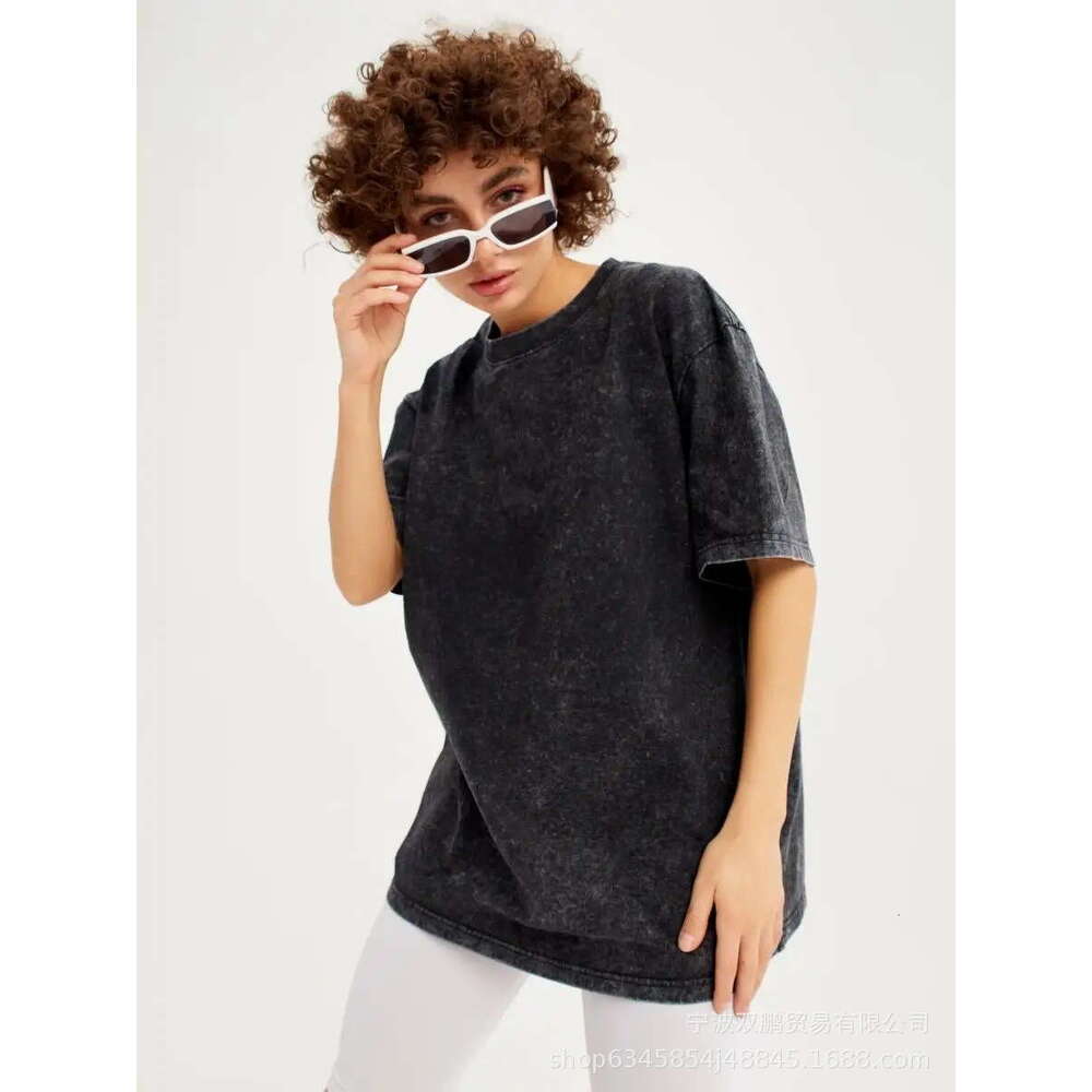 Spring Summer New Solid Color T-Shirt Women Washed Vintage Wax-Dyed Top Pure Cotton Short Sleeve B5