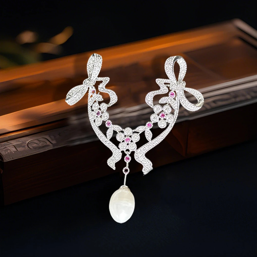 OKILY Lovely Style Freshwater Pearl Brooches Zircon Bowknot Flower Broche Decorativo De Ropa for Womans Clothing Corsage 250712