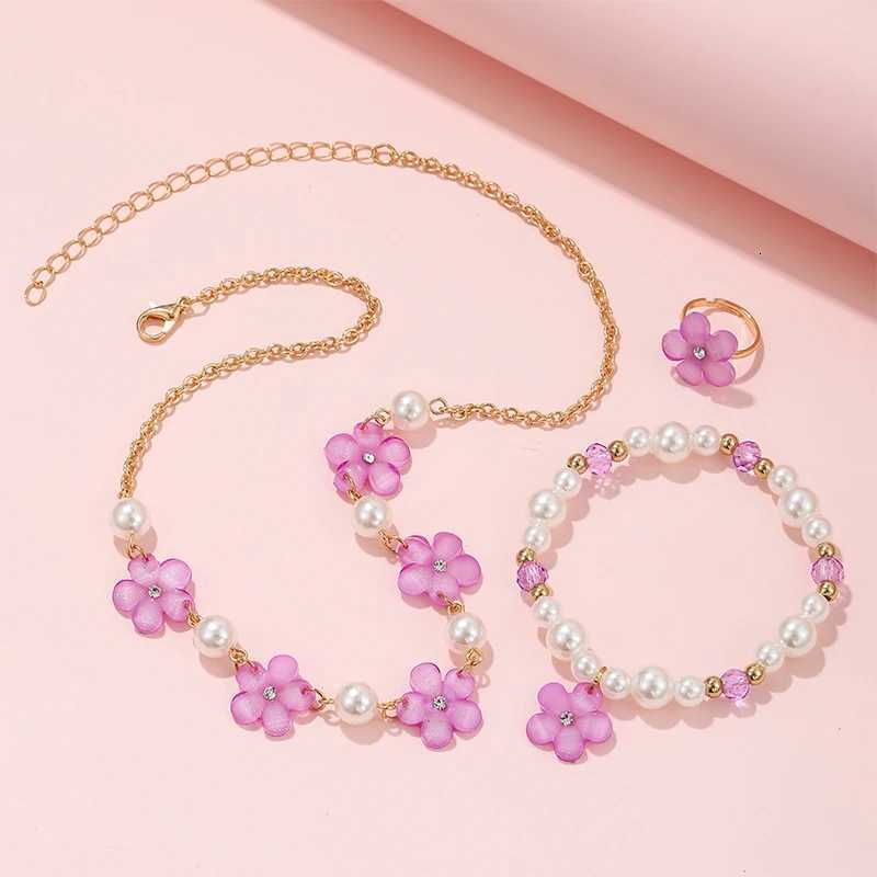 3Pcs/set Flower Charm Chain Necklace with Beads Bracelet Ring Jewelry Set for Girls Daughter Party Birthday Gift X2507181