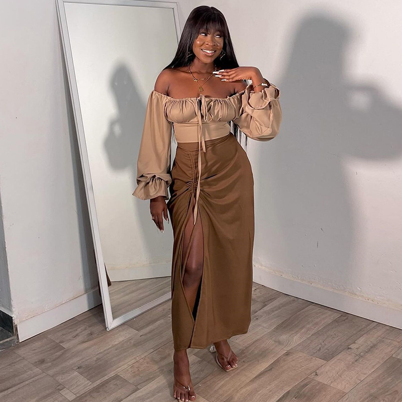 Womens 2024 Spring New Fashion Square Neck Flare Sleeve Short Top Split Skirt