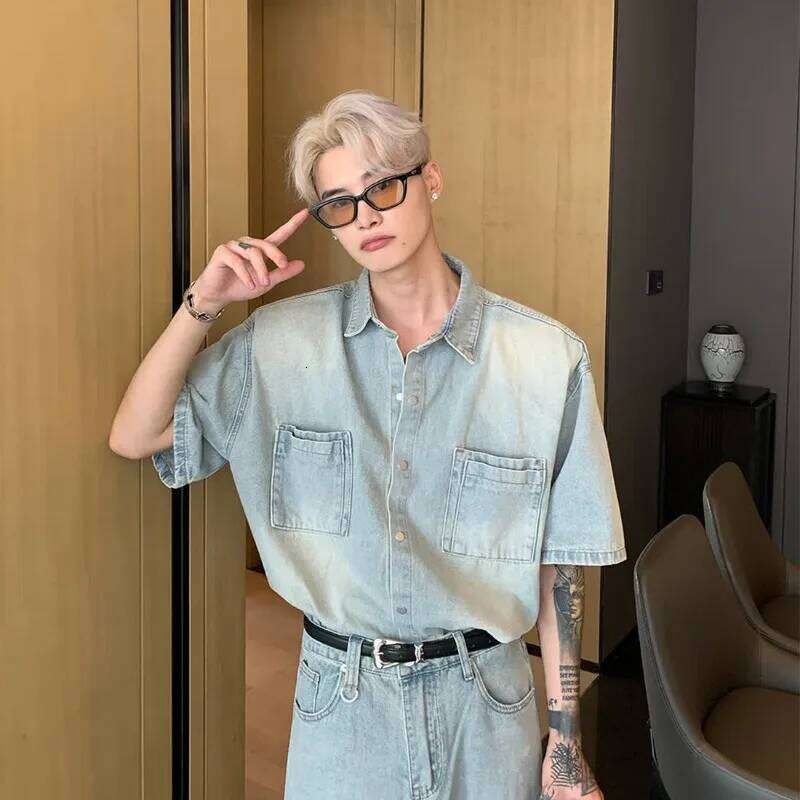 American Niche Old Washed Shoulder Pad Shirt Men's Korean Style Lapel Short-sleeved Denim Suit Straight Pants Single Piece/suit