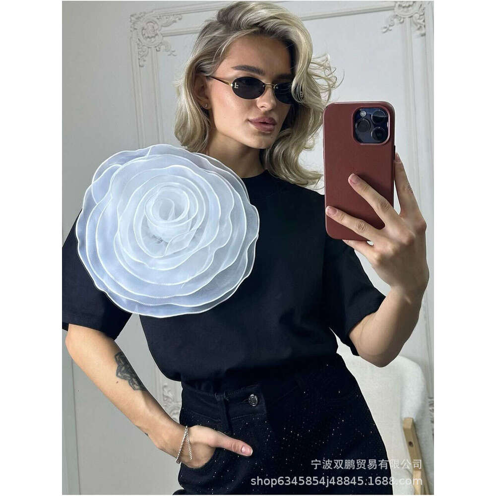 Ins Style Loose T-Shirt For Women With 3D Mesh Camellia Pure Cotton Short Sleeve Top B5