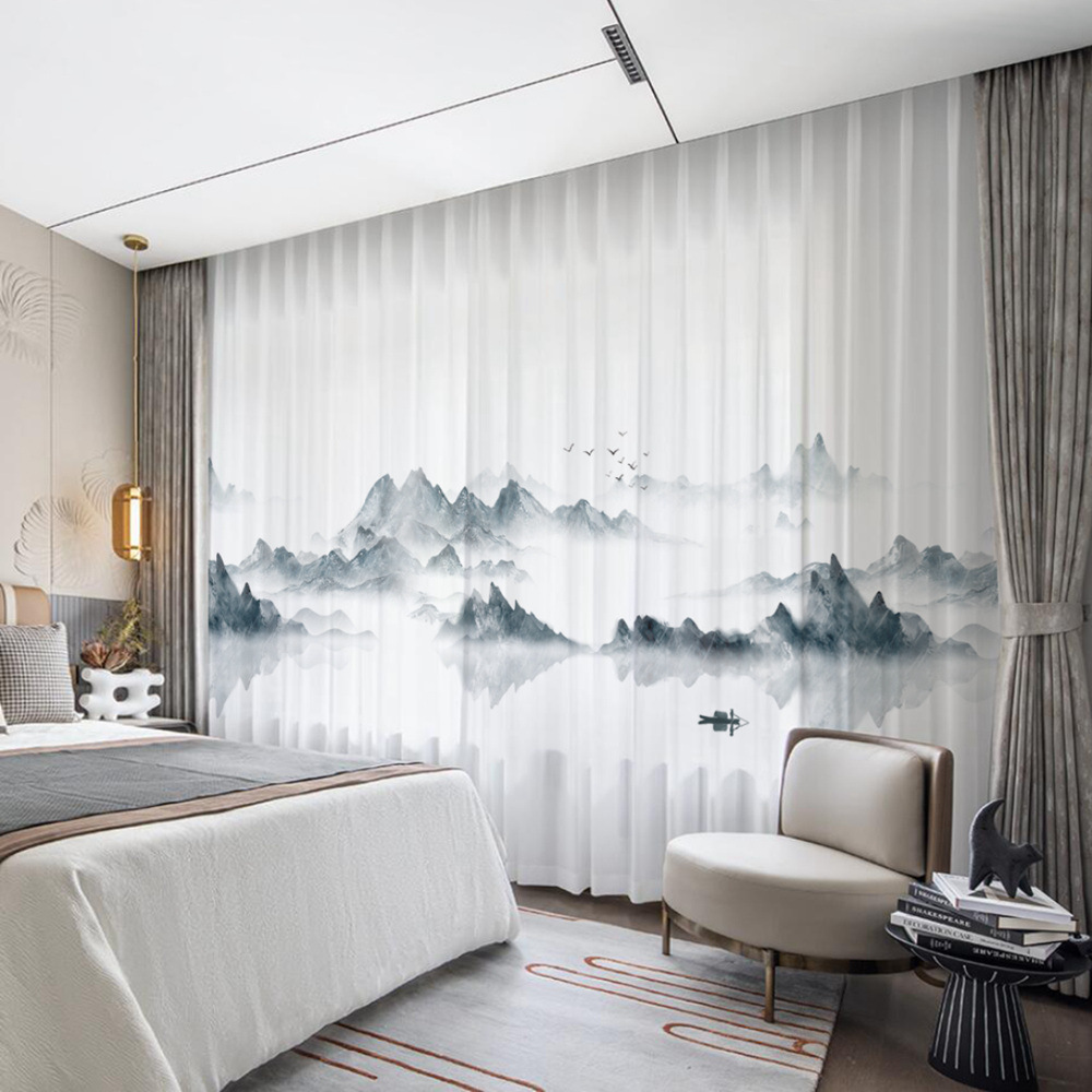 YL-36623 New Chinese style landscape painting all-match chiffon window screen living room bedroom tea house temple light-transmitting and non-transmit