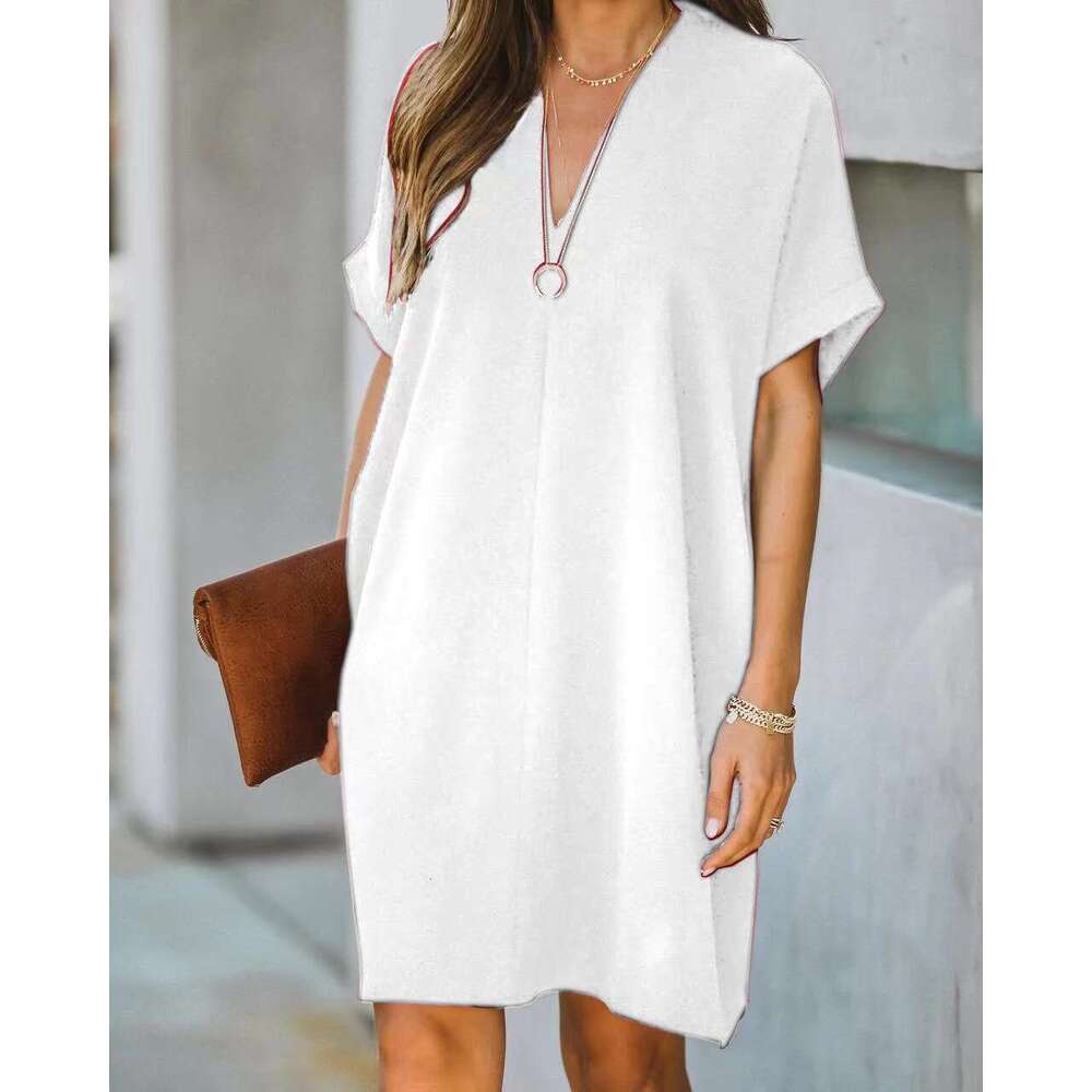 Summer Fashion Women's Solid Color H-Shaped Loose Casual V-Neck Short Sleeve Homewear Dress B5