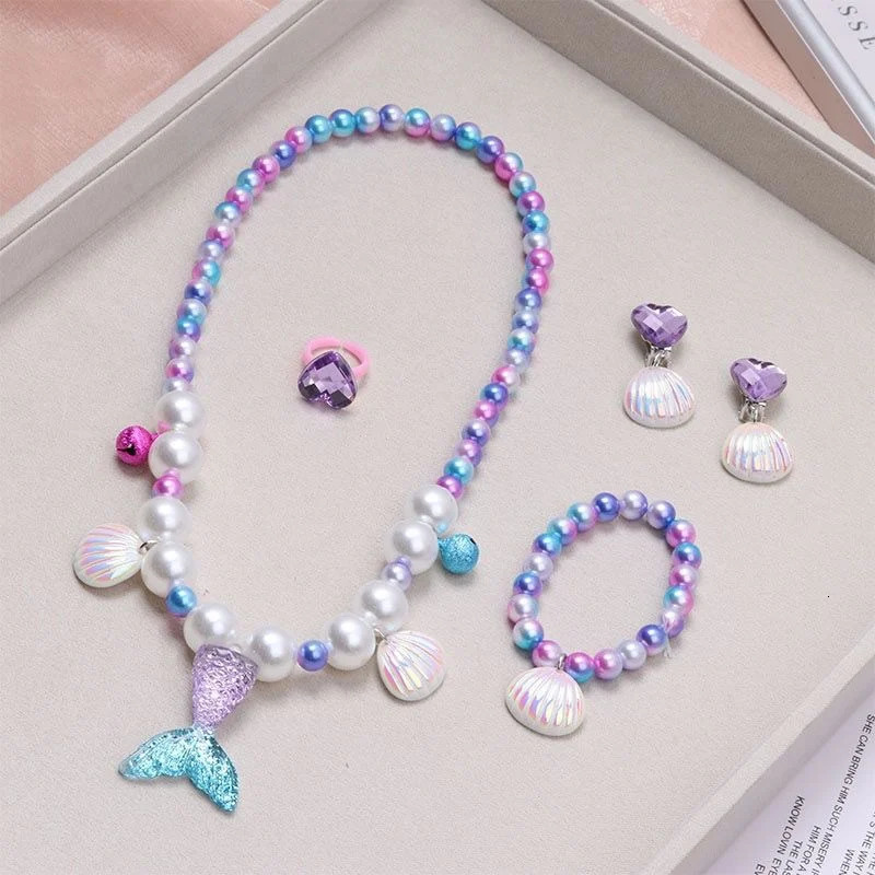 2/5pcs Girls Jewelry Sets Mermaid Pearl Necklace Bracelet Ring Earring Set Kids Toys Children Princess Fashion Accessories 250715