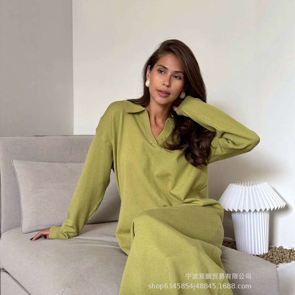 Autumn Winter Scissors Collar Soft Sweater Elegant Versatile Loose Long Dress Ins Style B5