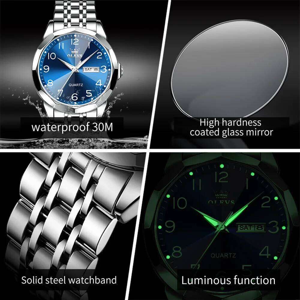 OLEVS Original Waterproof Men's Watches Digital Mirror Quartz Watch for Man Luminous Stainless Steel Wristwatch Male Date Week free shipping