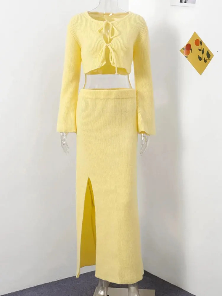 Tossy Summer Casual Holiday Outfits Female Hollow Out Lace-Up Knit 2 Piece-Set Beach Clothes Women Knitwear Long Skirt Sets 2025 250715