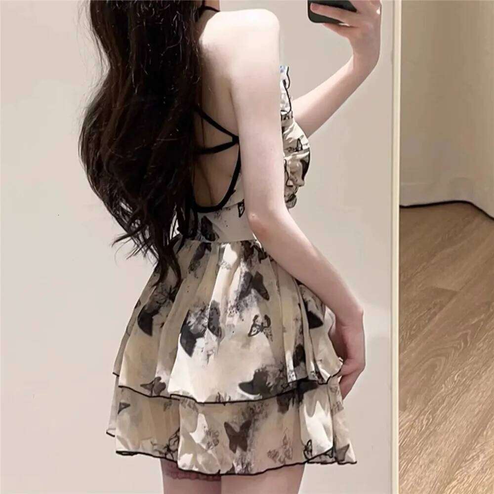 Vintage Butterfly Print Korean Swimwear Backless One Piece Swimsuit Holiday Mini Dress Culottes Ruffled Mesh Bodysuit Beach Wear