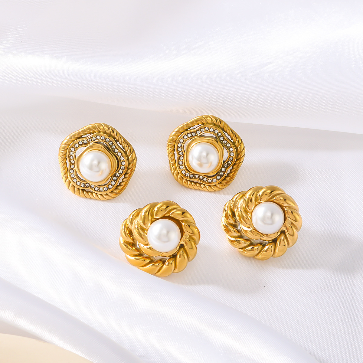 Designer Earrings for Women Fried Dough Twists Pearl Inlaid Stainless Steel Plated 18K Gold Geometric Exquisite Jewelry Wholesale