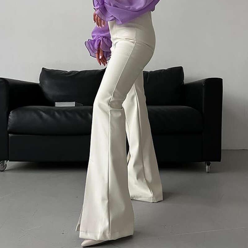 Autumn Winter New PU White Patchwork Slit Sexy Tight Micro Flared Leather Pants For Women B5