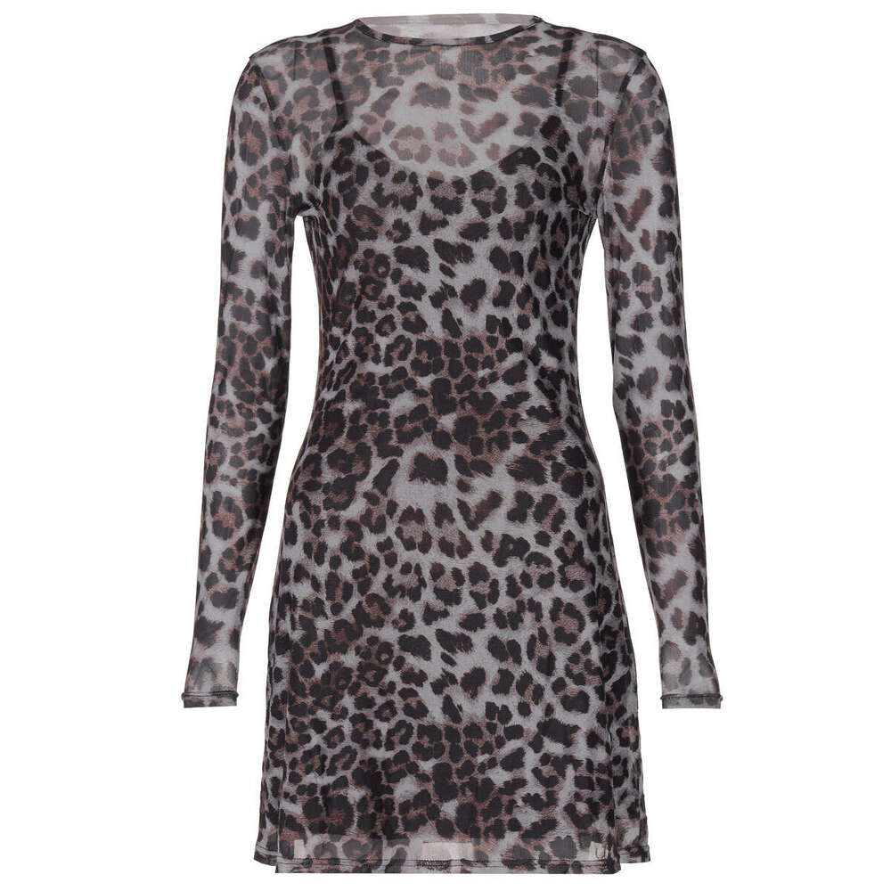 Autumn New Fashion Personality Leopard Print Mesh Sheer Dress B5