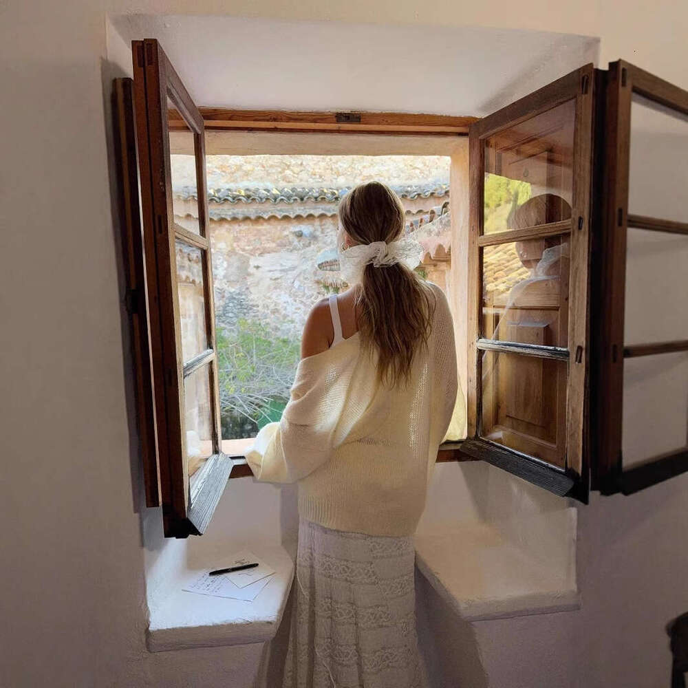 Autumn New Soft Mohair V-Neck Hollow Cardigan For Women, Elegant Lazy Style With Shell Buttons And Lantern Sleeves Sweater Coat B5